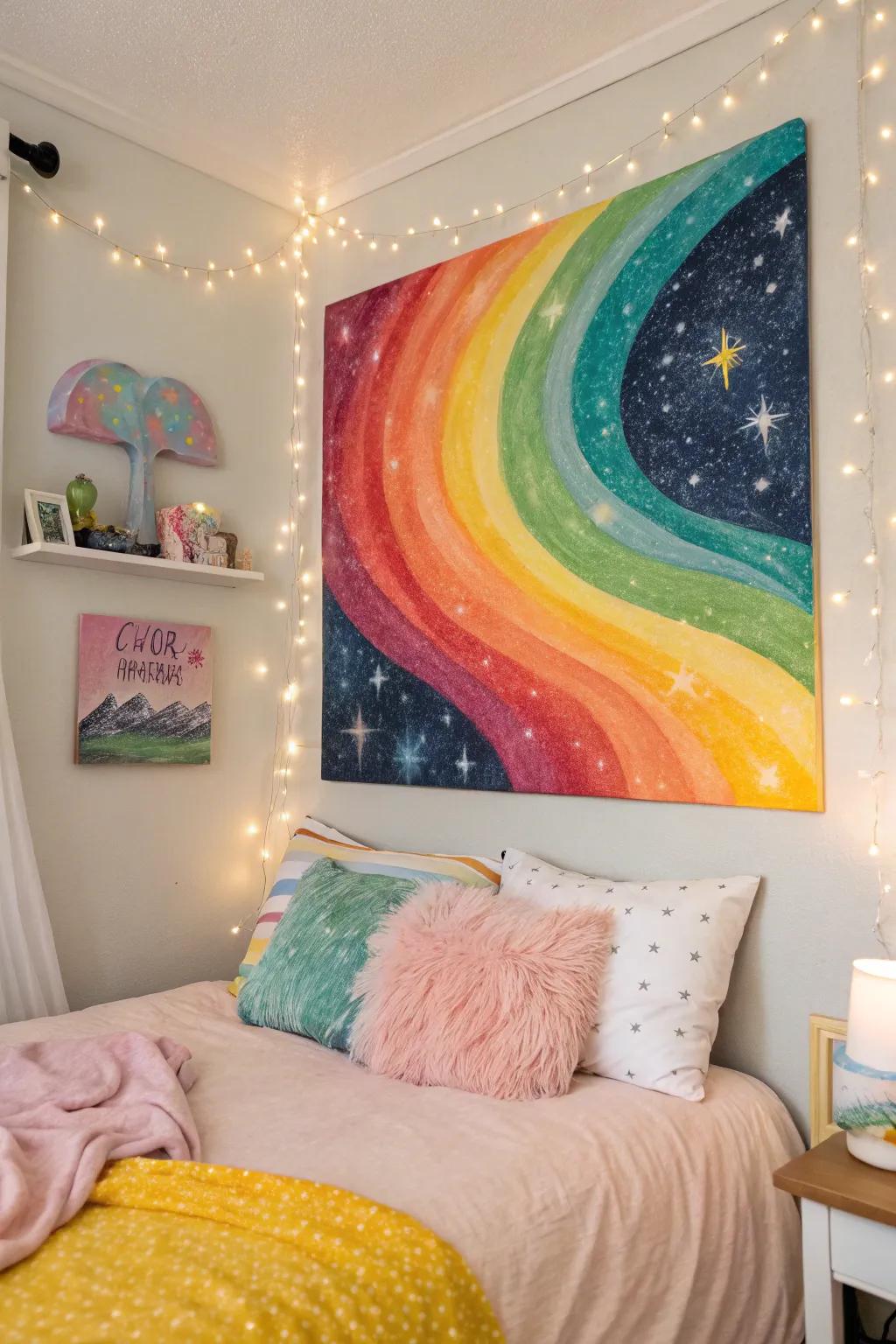 A pride galaxy offering a dreamy escape in a whimsical bedroom.