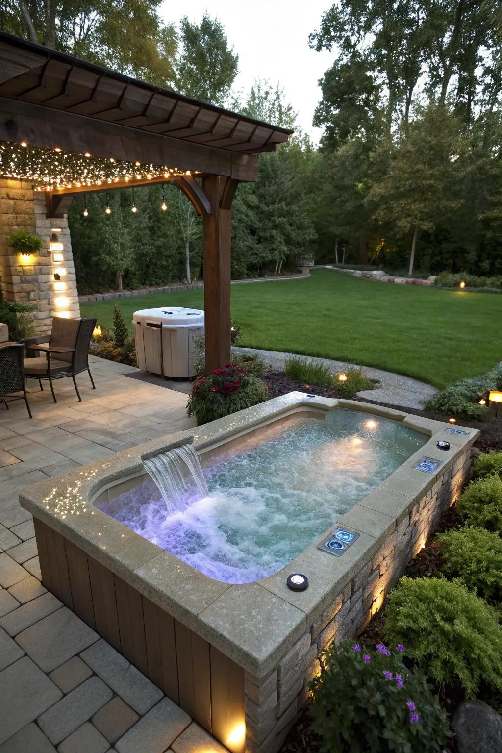 A water feature adds tranquility and a sense of seclusion to your hot tub area.