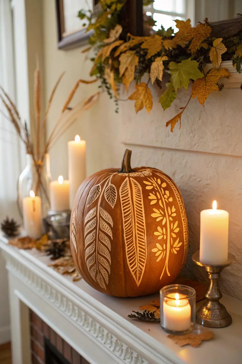 Feathered pumpkins add elegance and artistry to fall decor.