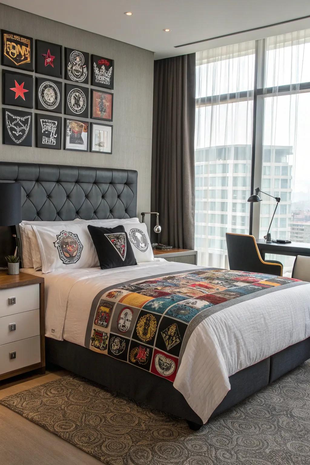 Make your bed a statement piece with a punk patch headboard.