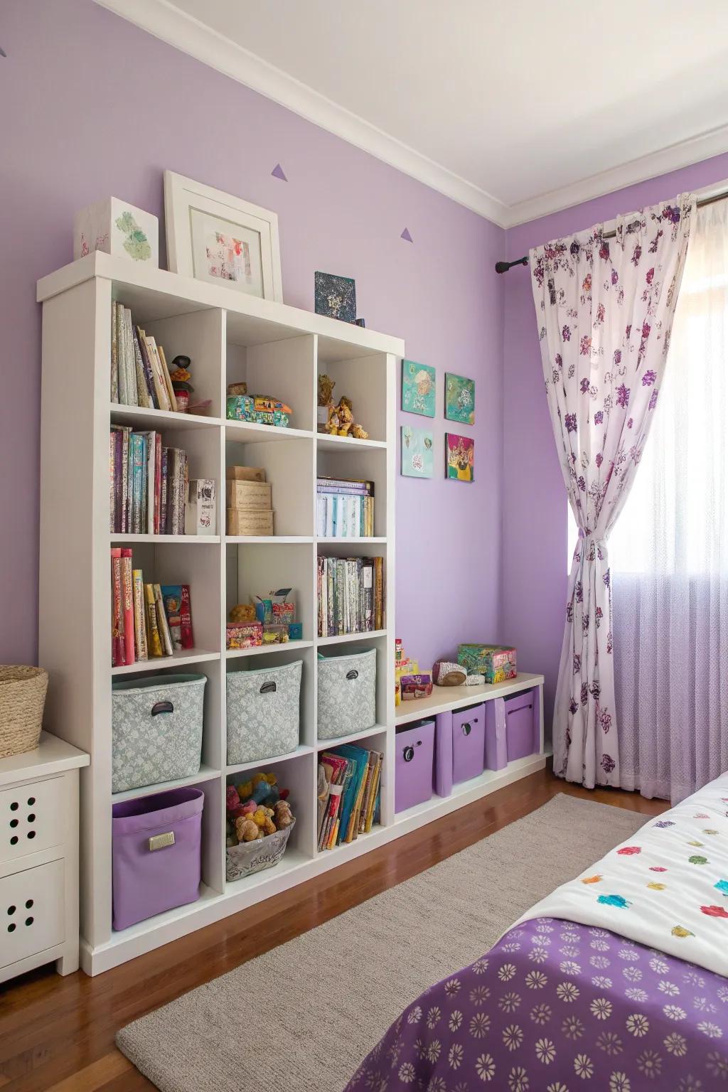 Purple-themed shelving adds color and storage.