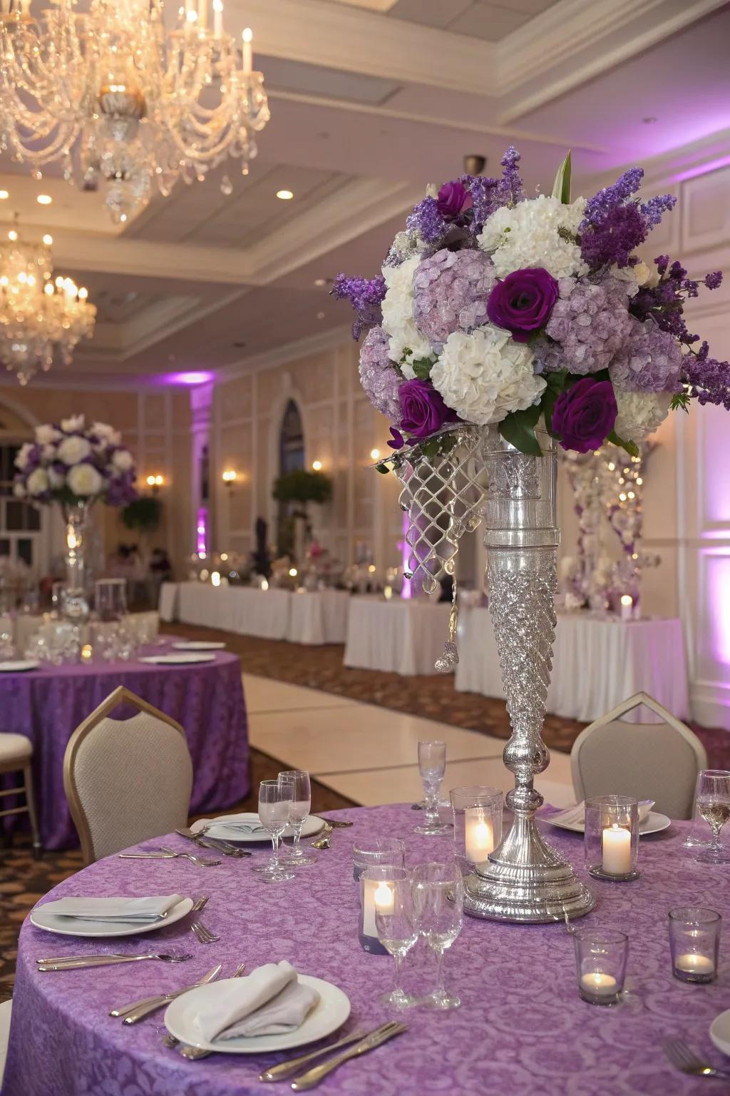 A luxurious ambiance with purple and silver accents.