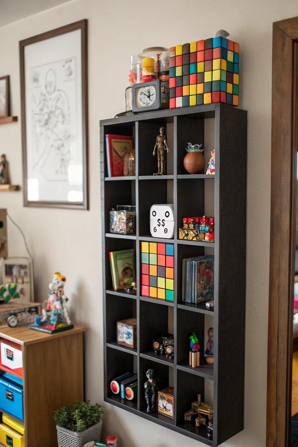 A puzzle cube shelf creatively displays cherished knick-knacks.