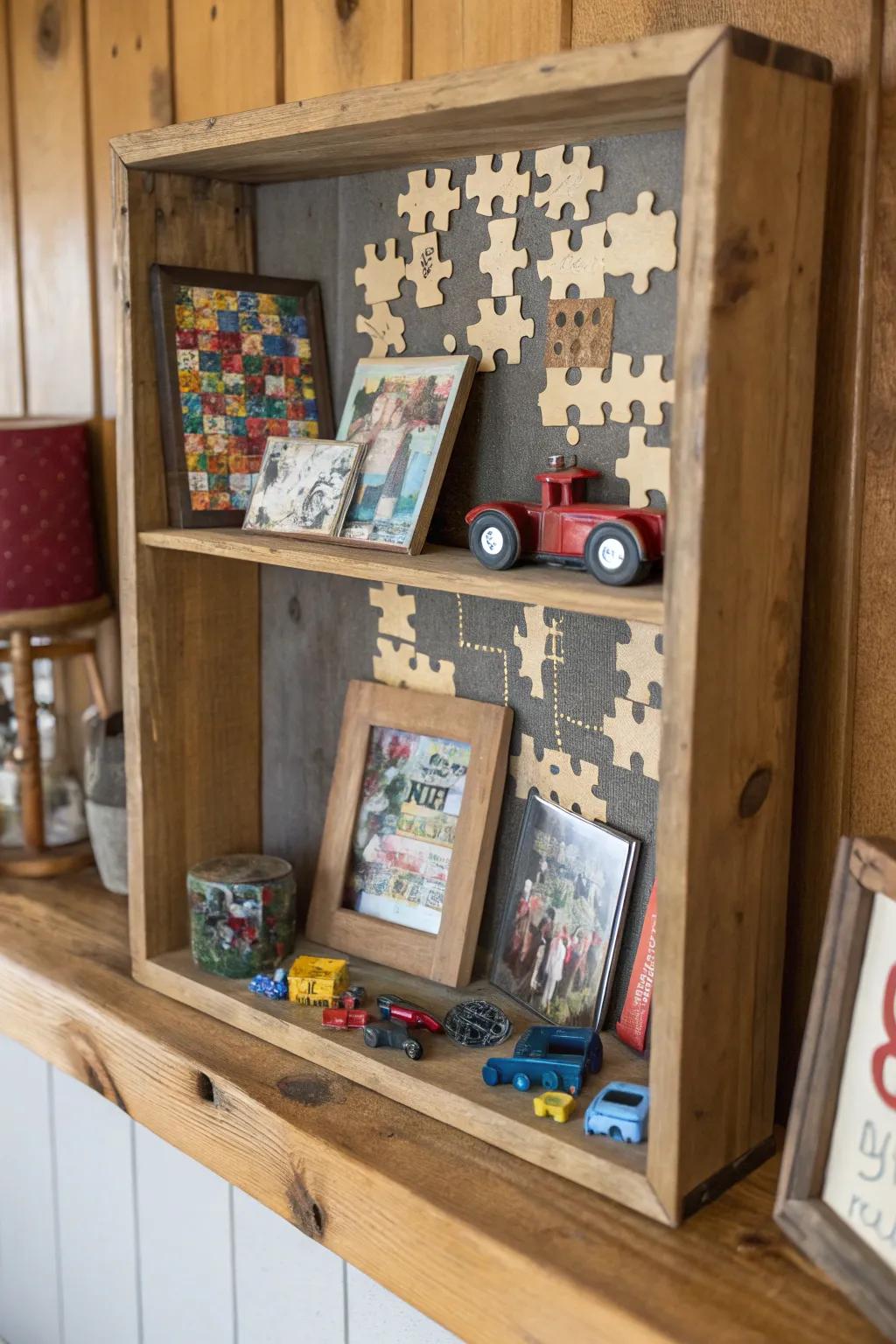 Display your memories with a puzzle piece shadow box.