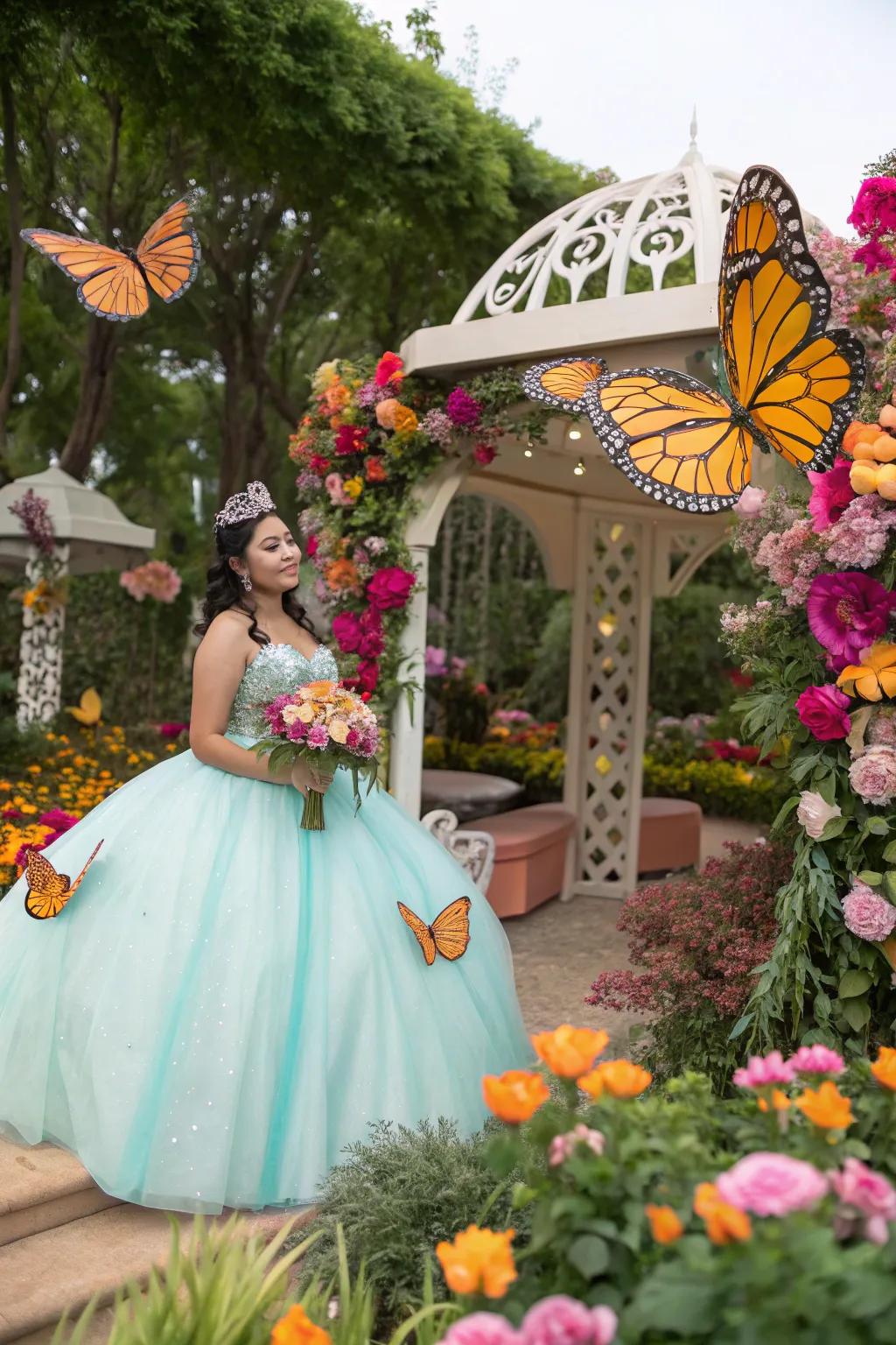 A stunning butterfly garden-themed quinceanera with vibrant florals.