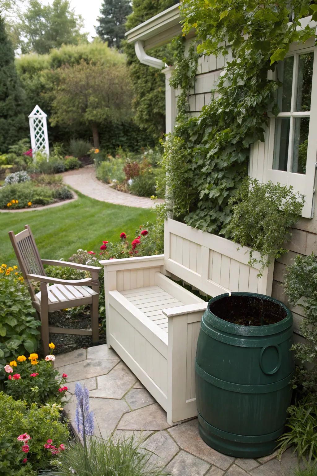 Garden benches with hidden storage provide seating and a clever disguise for your rain barrel.