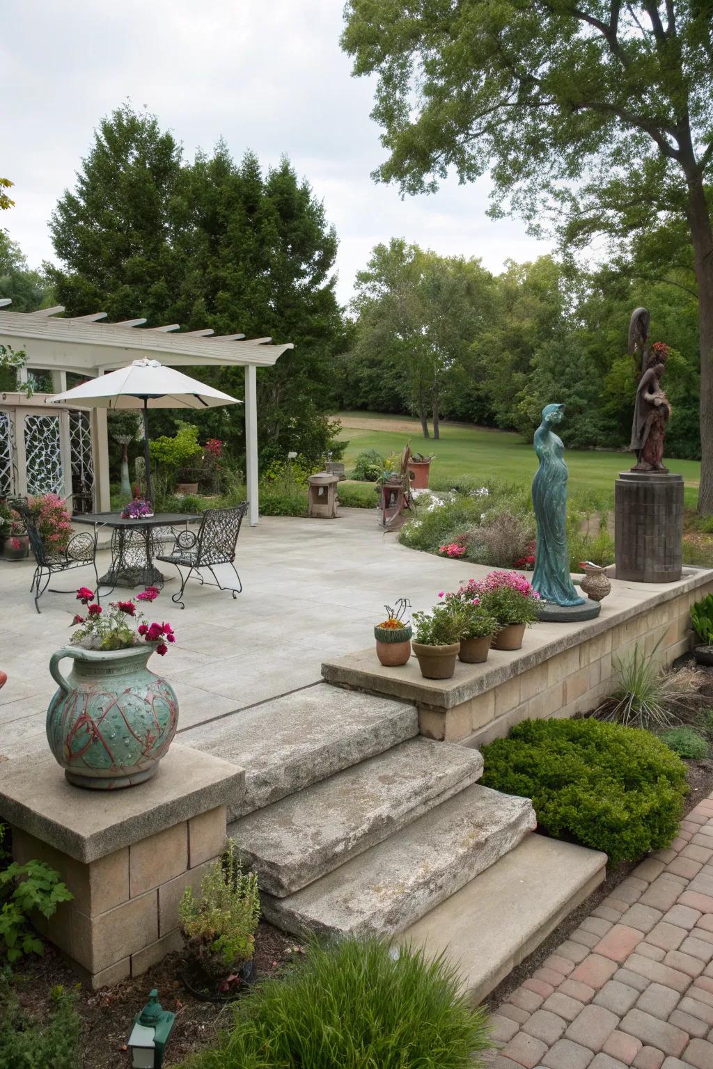 Outdoor art adds a personal touch to this raised concrete patio.