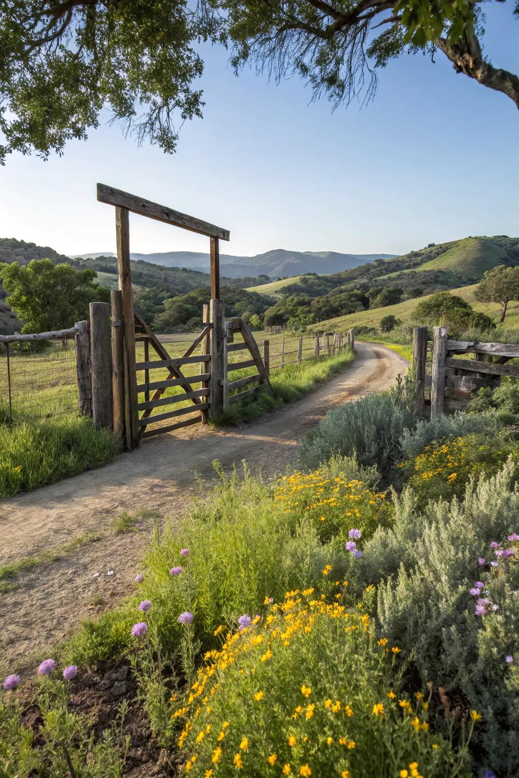 Local flora enhances the natural beauty of this ranch entrance.