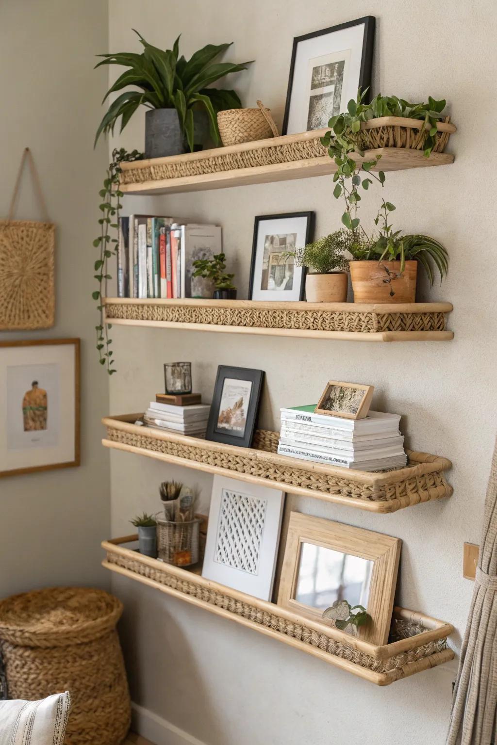 Rattan floating shelves offer style and storage.