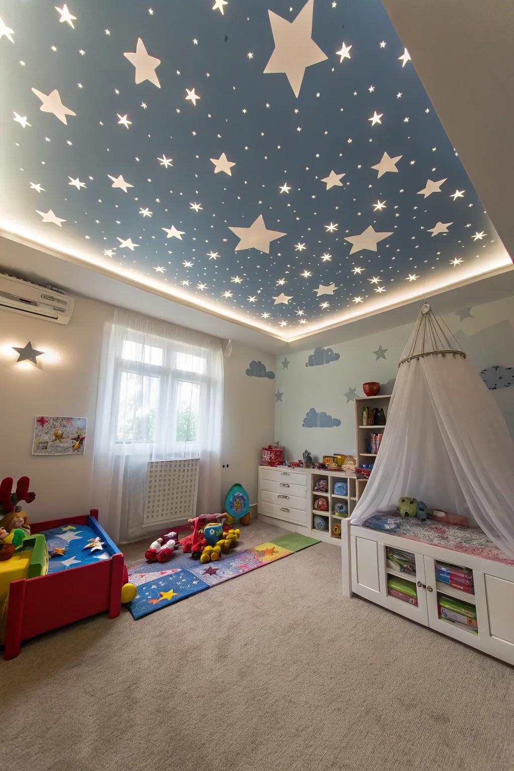 A children's bedroom with a whimsical recessed ceiling.