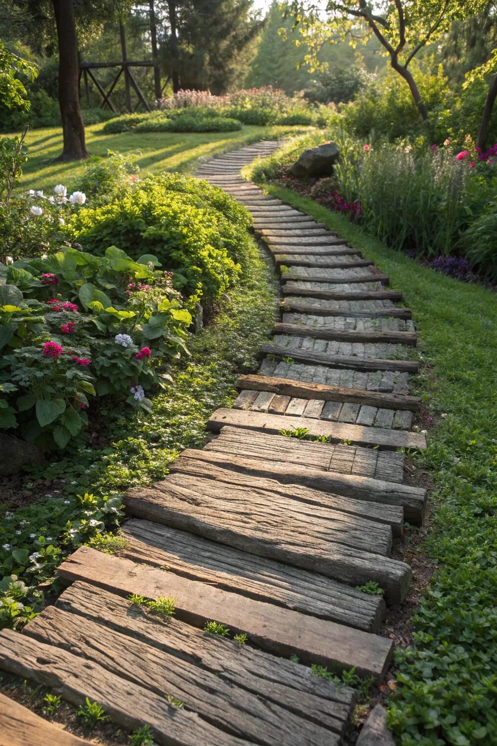 Transform your garden with a charming reclaimed wood pathway that adds a touch of magic to your landscape.