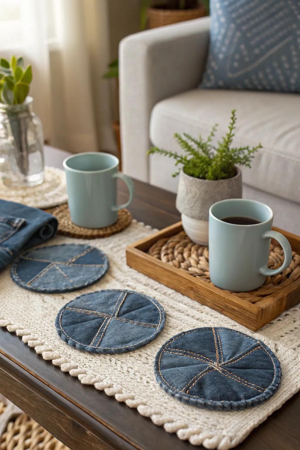 Durable denim coasters crafted from recycled jeans protect and decorate.