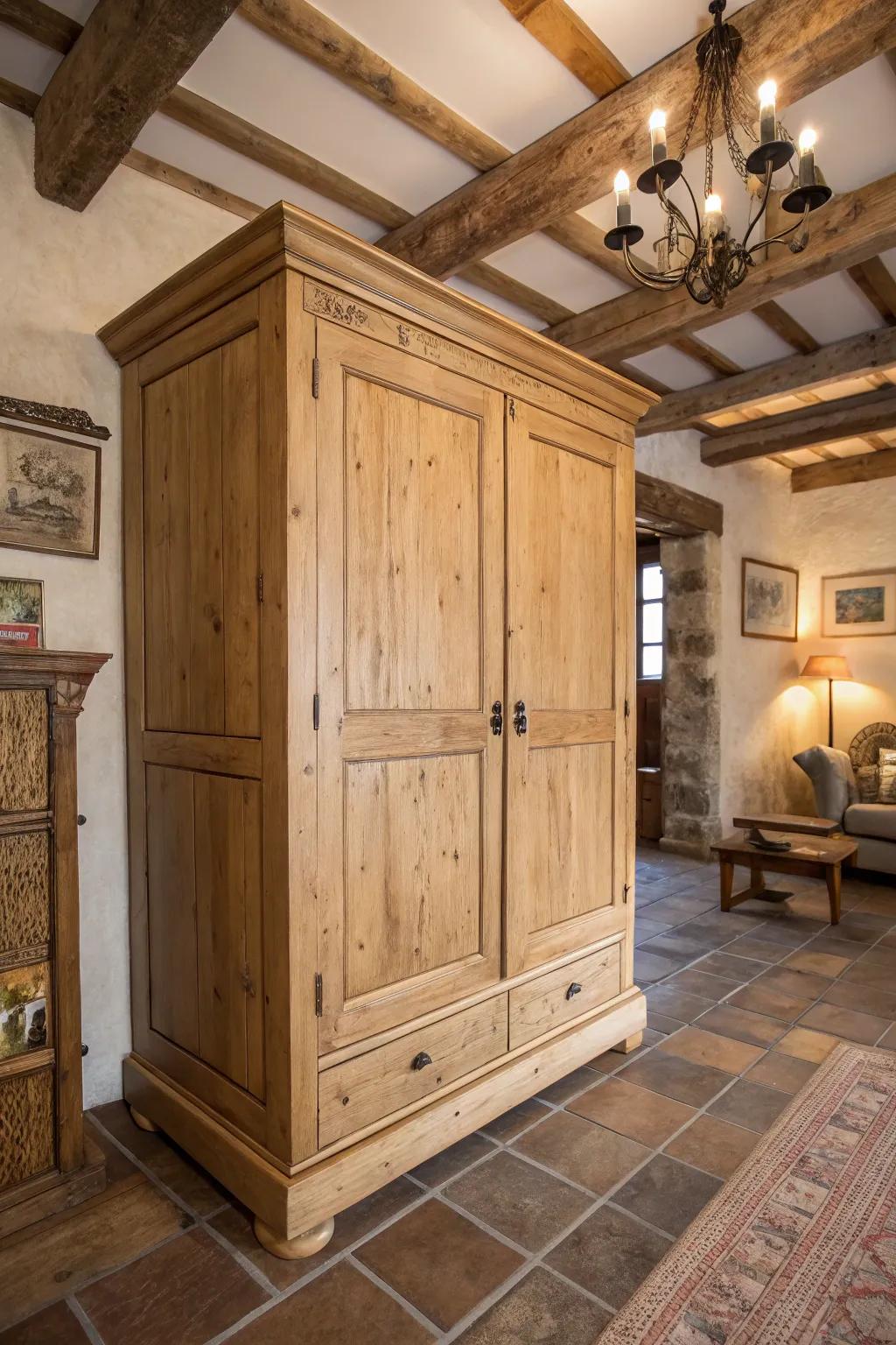 A raw wood armoire offers rustic charm and natural beauty.