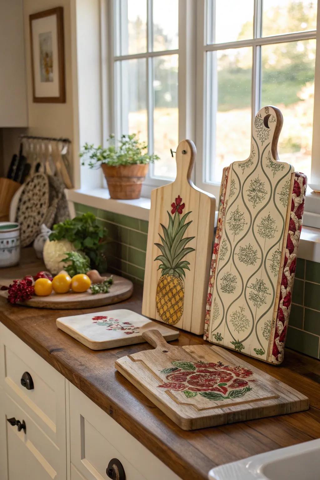 Cutting boards offer both functionality and style in a rental kitchen.