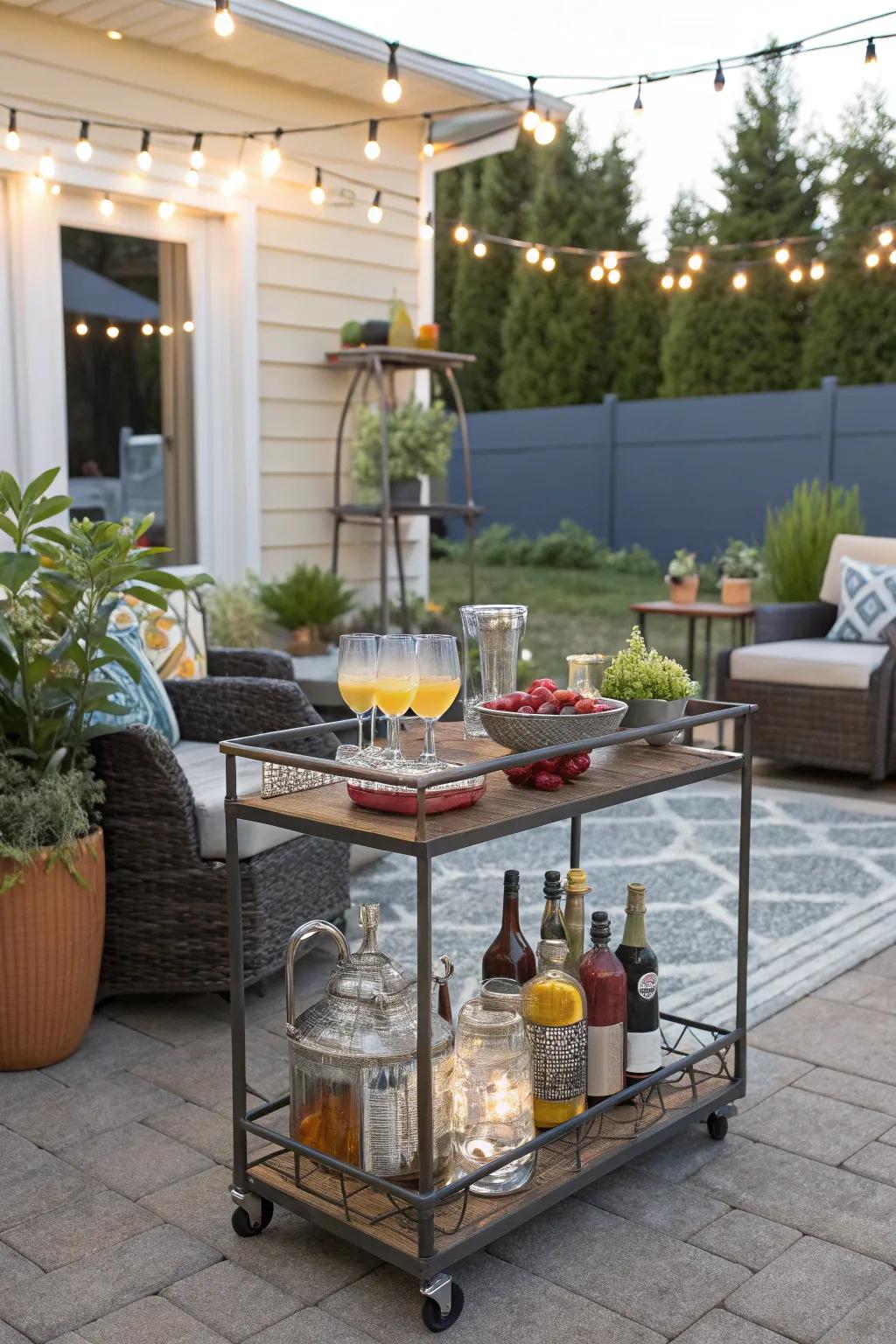 A bar cart adds functionality and flair for gatherings.