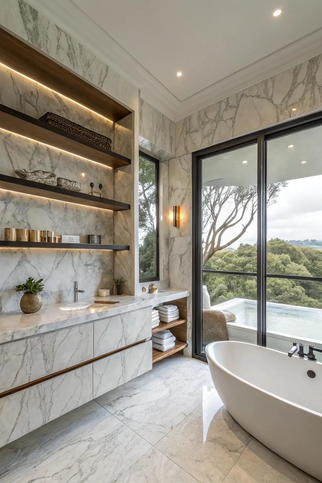 Marble shelves add elegance and durability to bathroom storage.