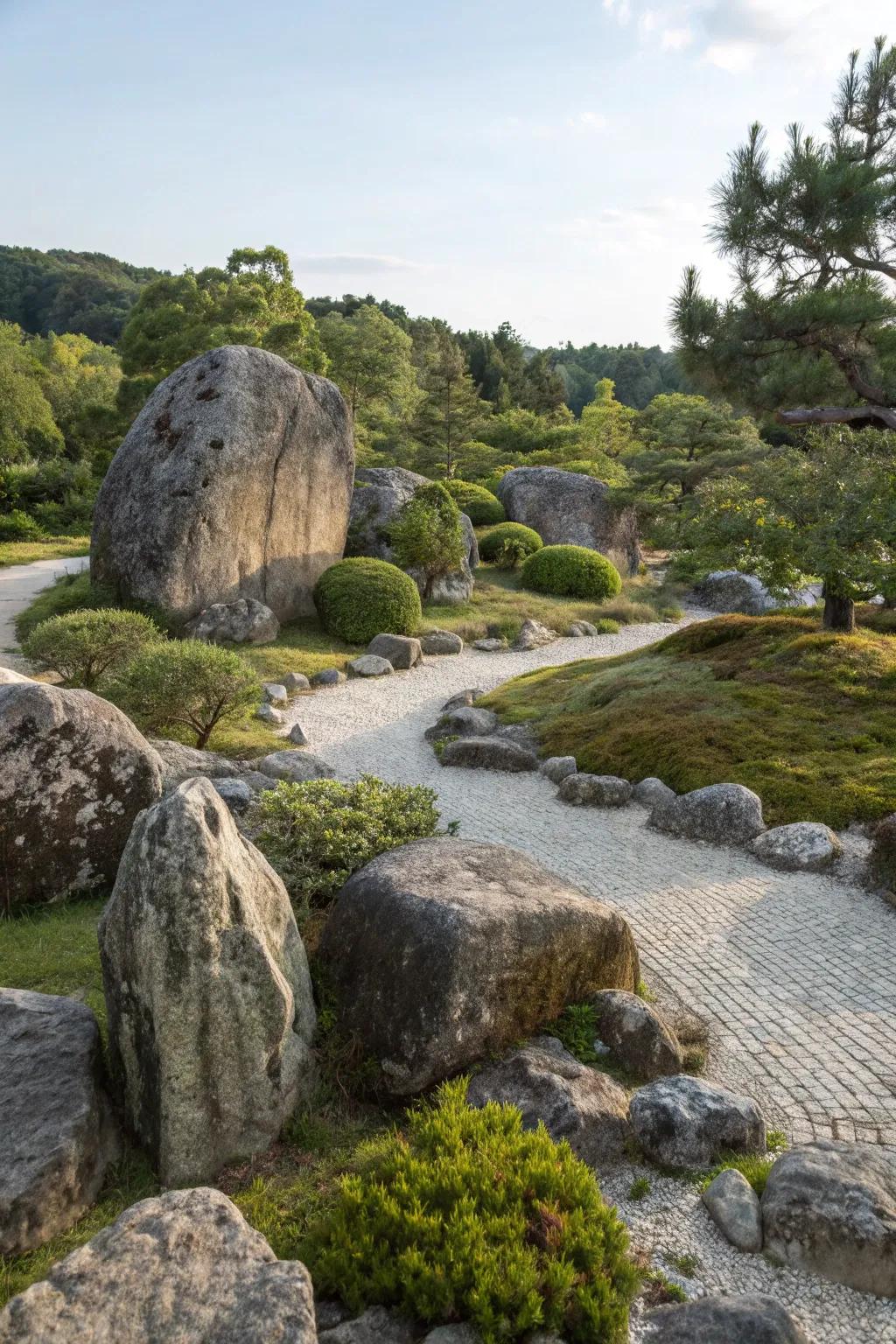 Boulders serve as bold focal points in a rock garden.