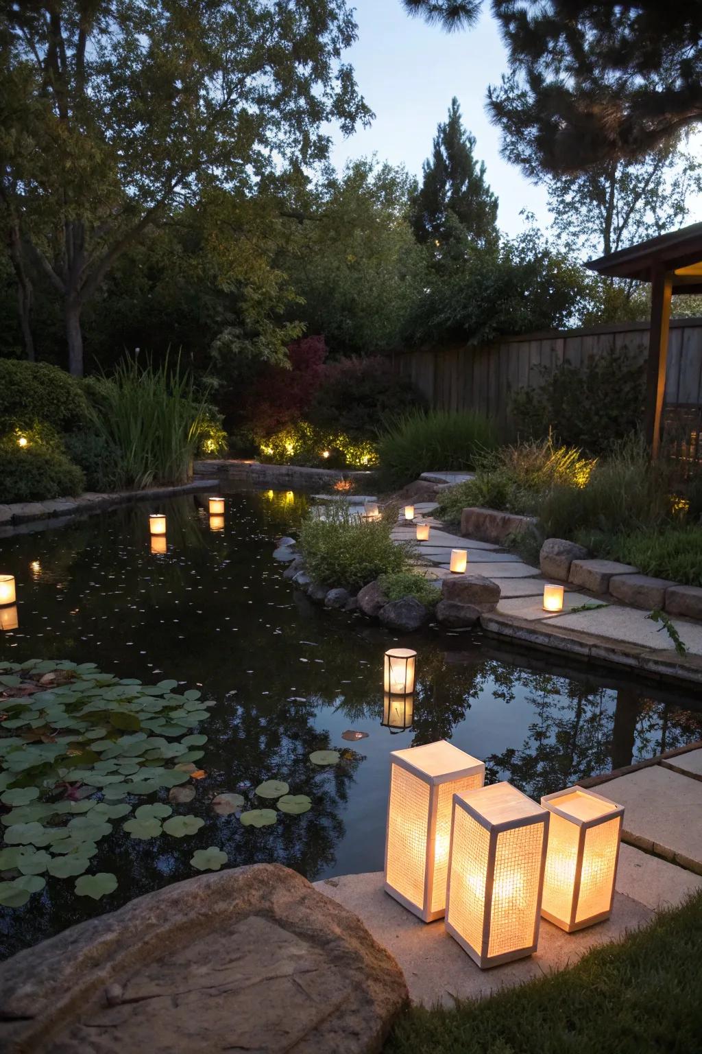 Floating lanterns add a dreamy effect to your pond.