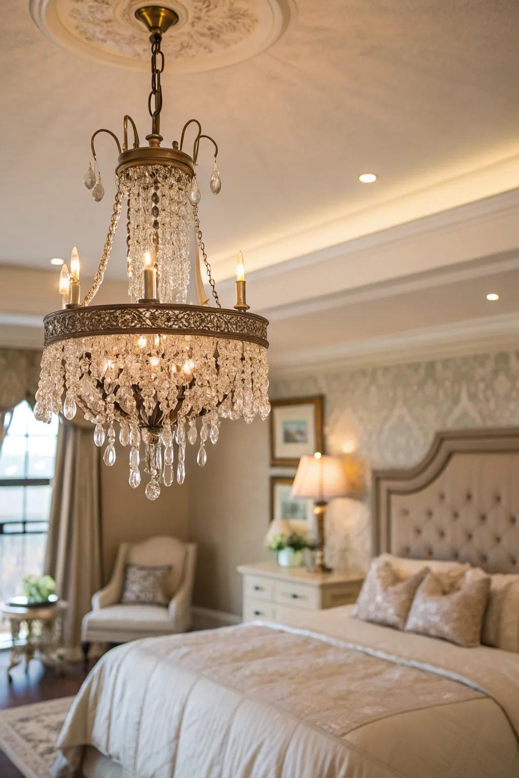 A crystal chandelier adds classic romance and grandeur.