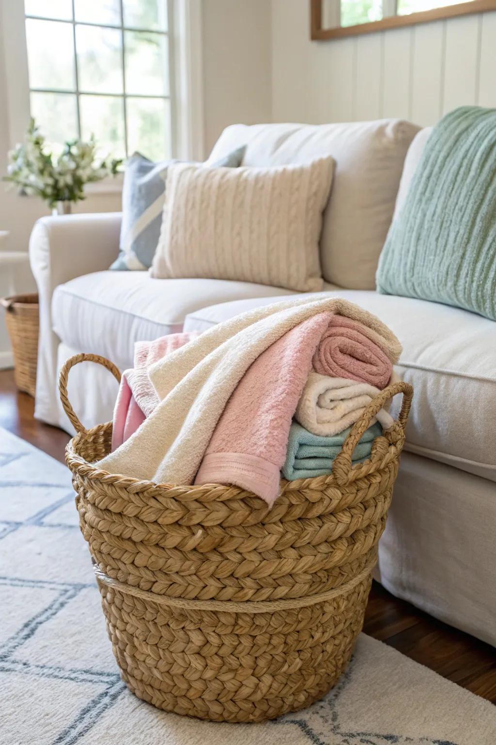 A rope basket keeps blankets handy and organized.