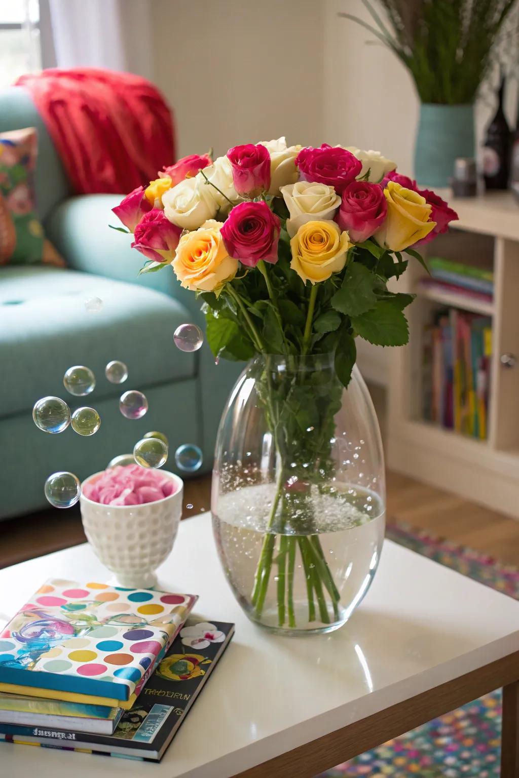 A bubble vase gives roses a whimsical and floating appearance.