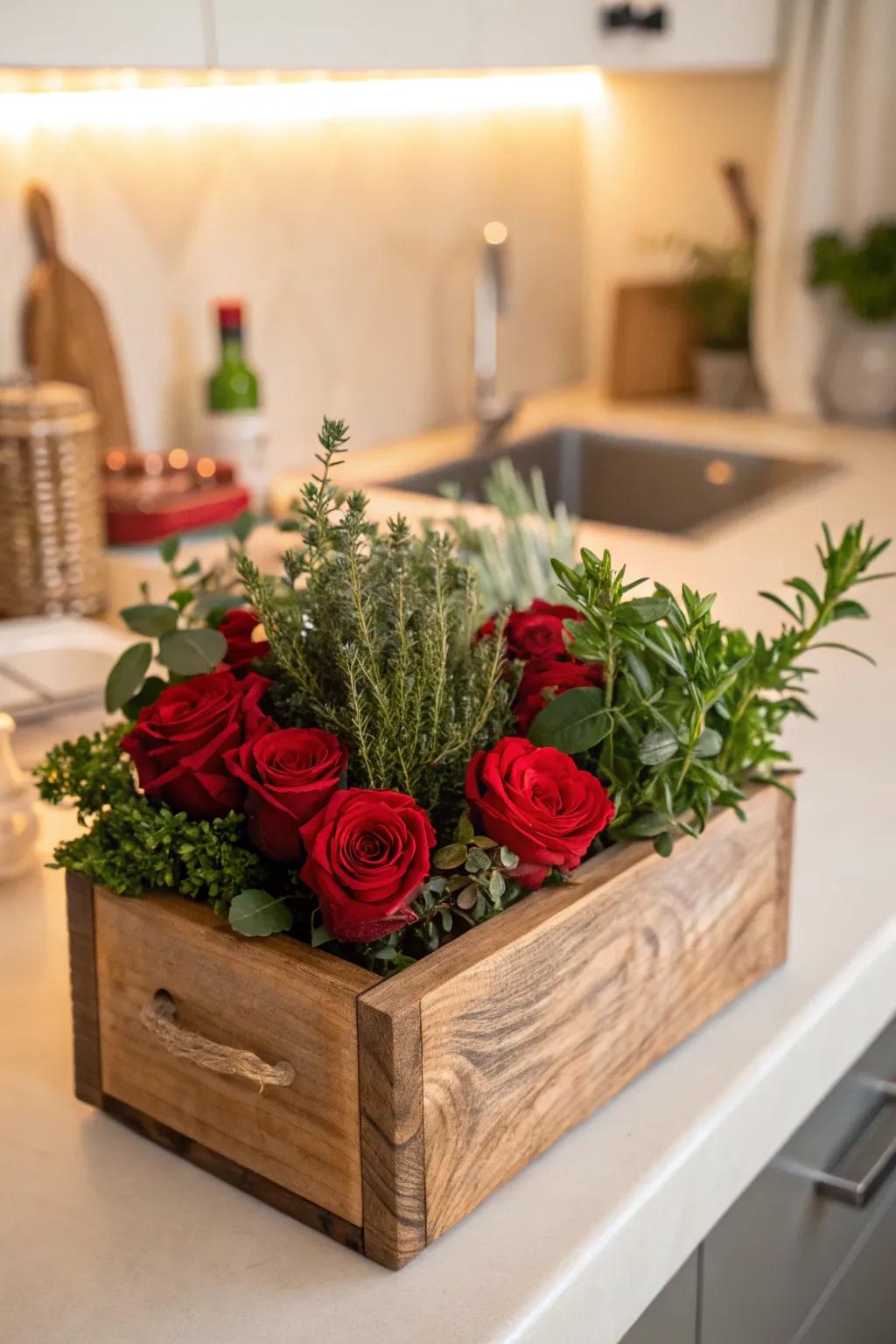 Roses with herbs in a wooden box offer a fragrant, practical arrangement.