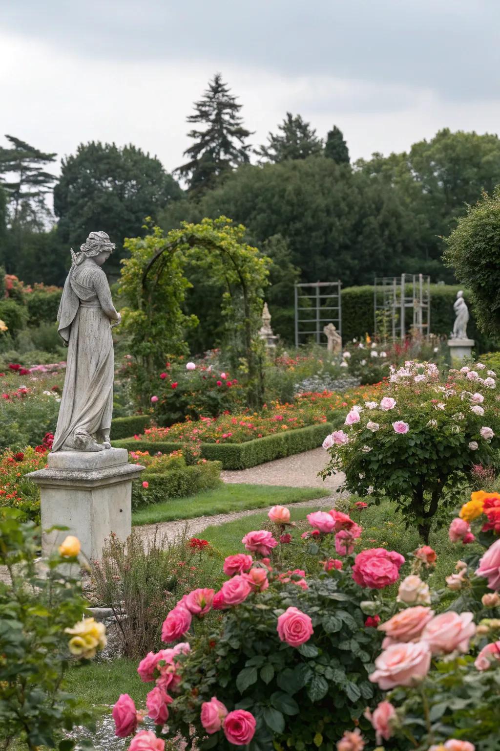 Art and sculptures, adding character to the rose garden.