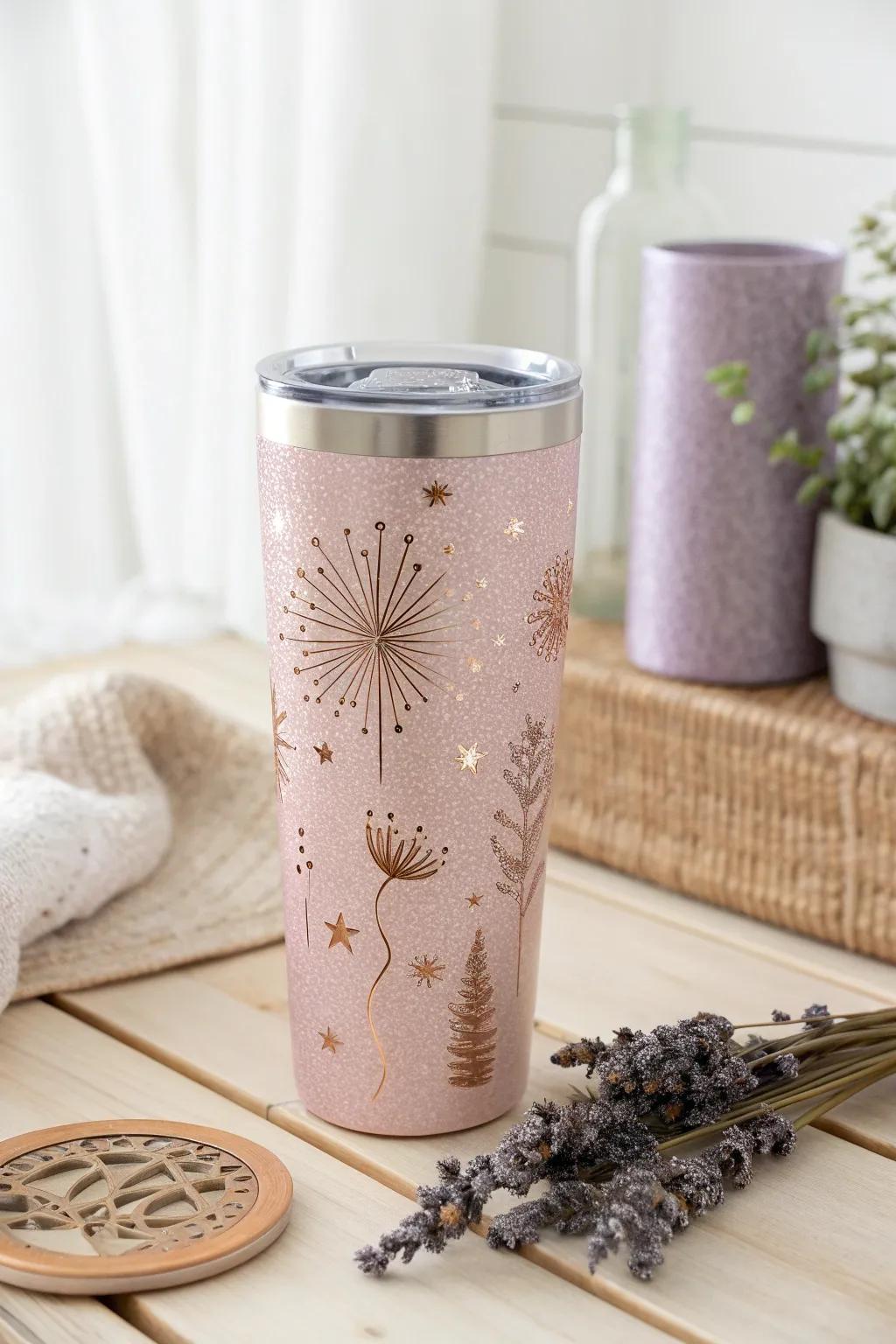 Sparkle and shine with this festive rose gold glitter tumbler. Perfect for a party in a cup!