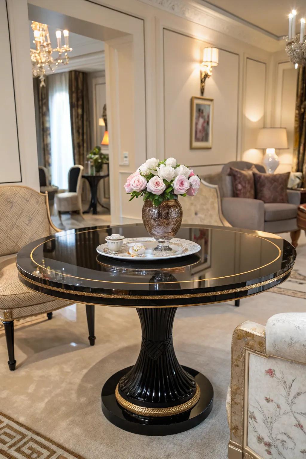 Lacquered round tables offer a stunning glossy finish and elegance.