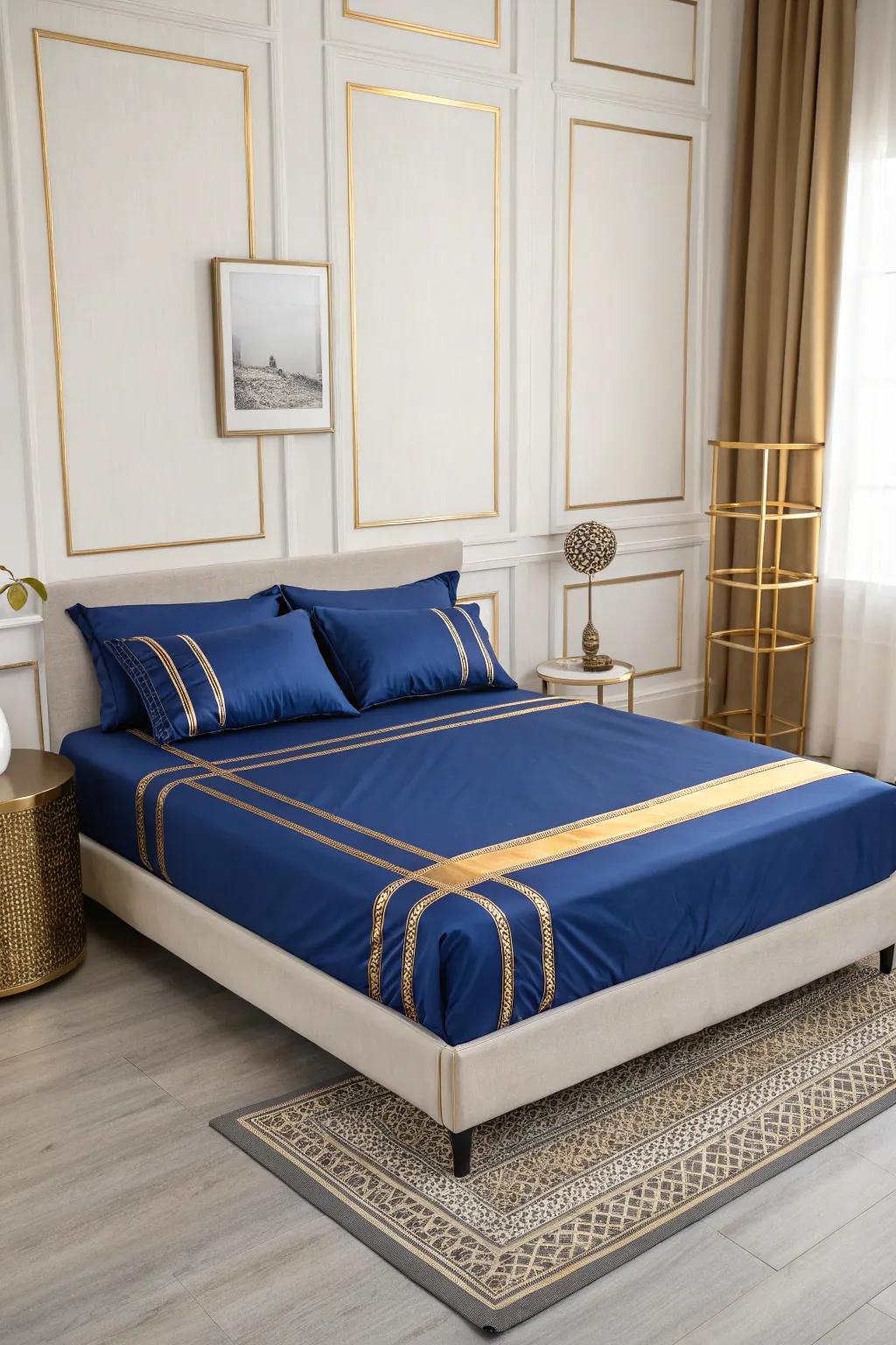 Clean lines in royal blue and gold create minimalist elegance.