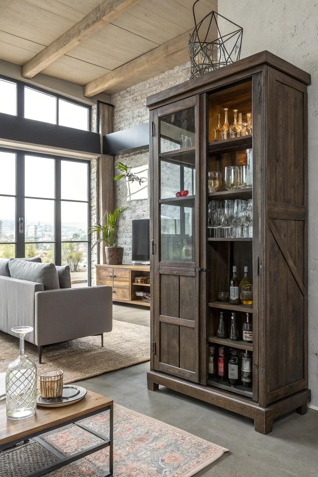 An open shelf bar cabinet, displaying bar essentials with style.