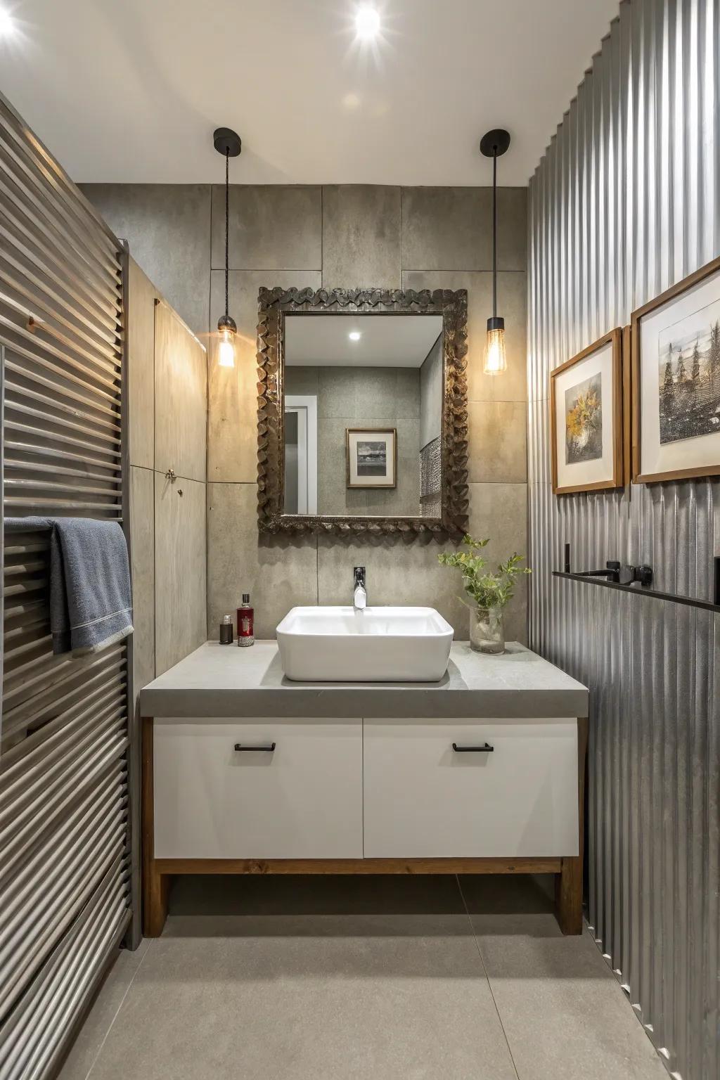 Corrugated metal artwork adds a creative and rustic touch to this bathroom.