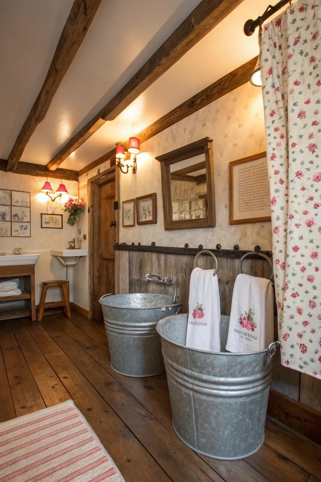 Playful and charming: galvanized buckets as towel holders.