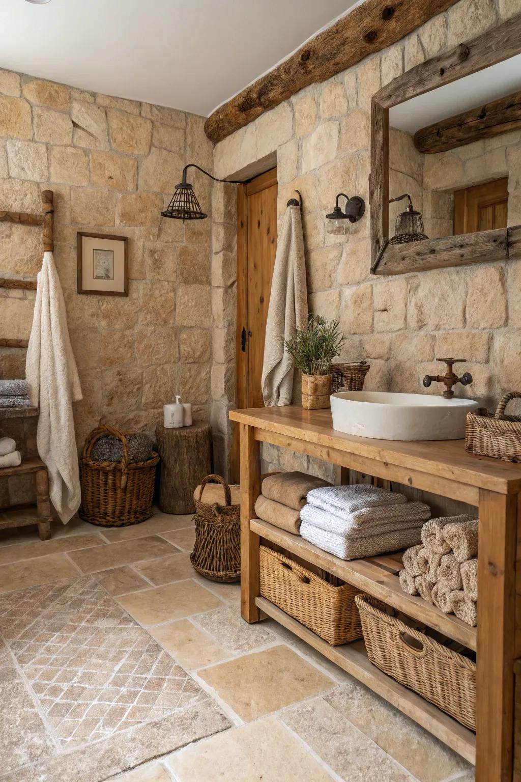 Layered textures add depth and interest to a rustic travertine bathroom.