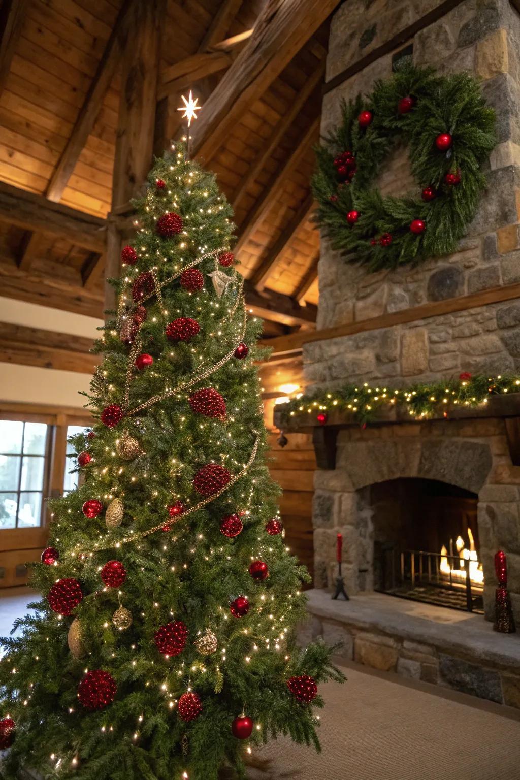 A holly berry crown adds vibrant color and festive charm to the rustic tree.