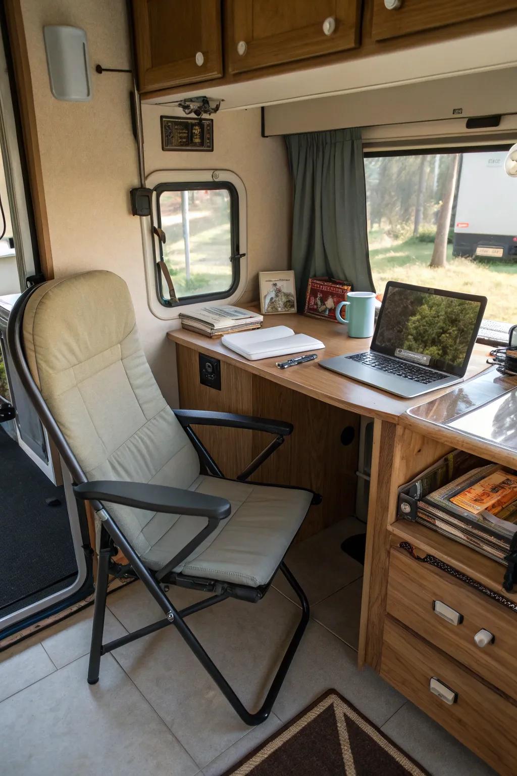 Folding chairs offer practical seating for a portable office.