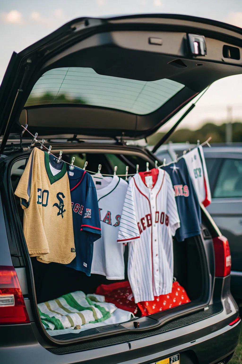 Baseball jerseys add a sporty, colorful touch to your trunk display.