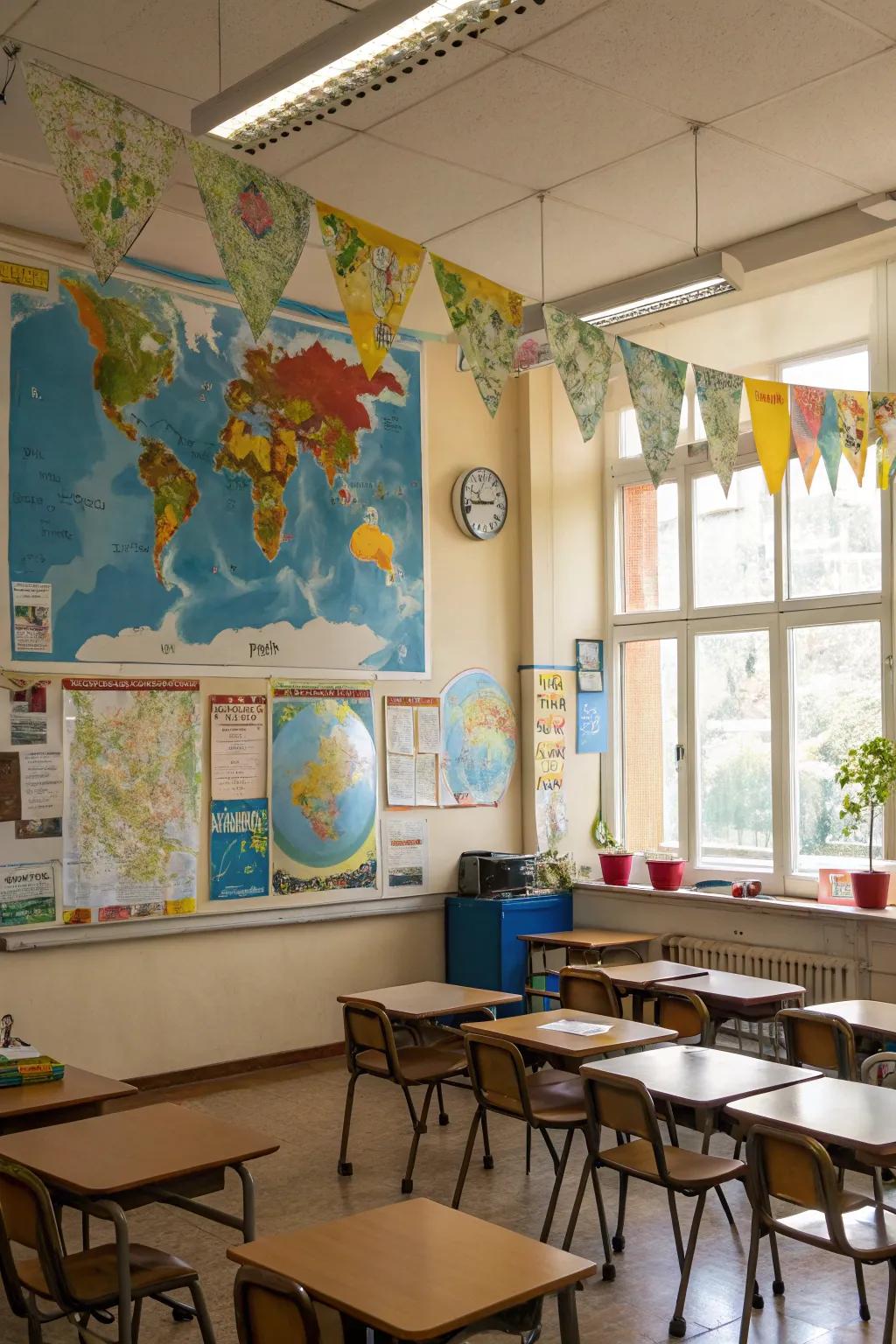 Hanging maps inspire curiosity about the world.