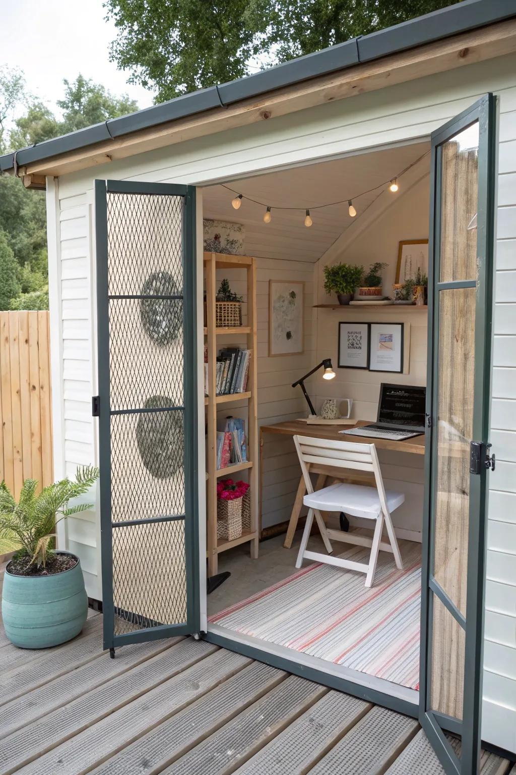 A folding screen provides flexible privacy options in a she shed.