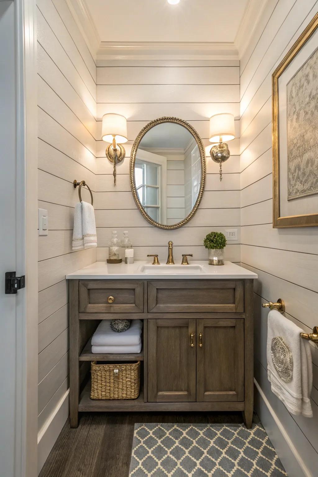 A sophisticated powder room with elegant shiplap wainscoting.