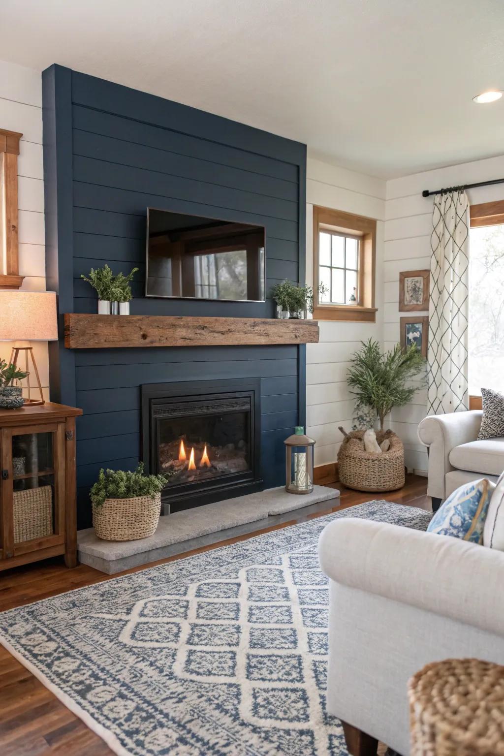 A living room featuring a navy shiplap fireplace surround.