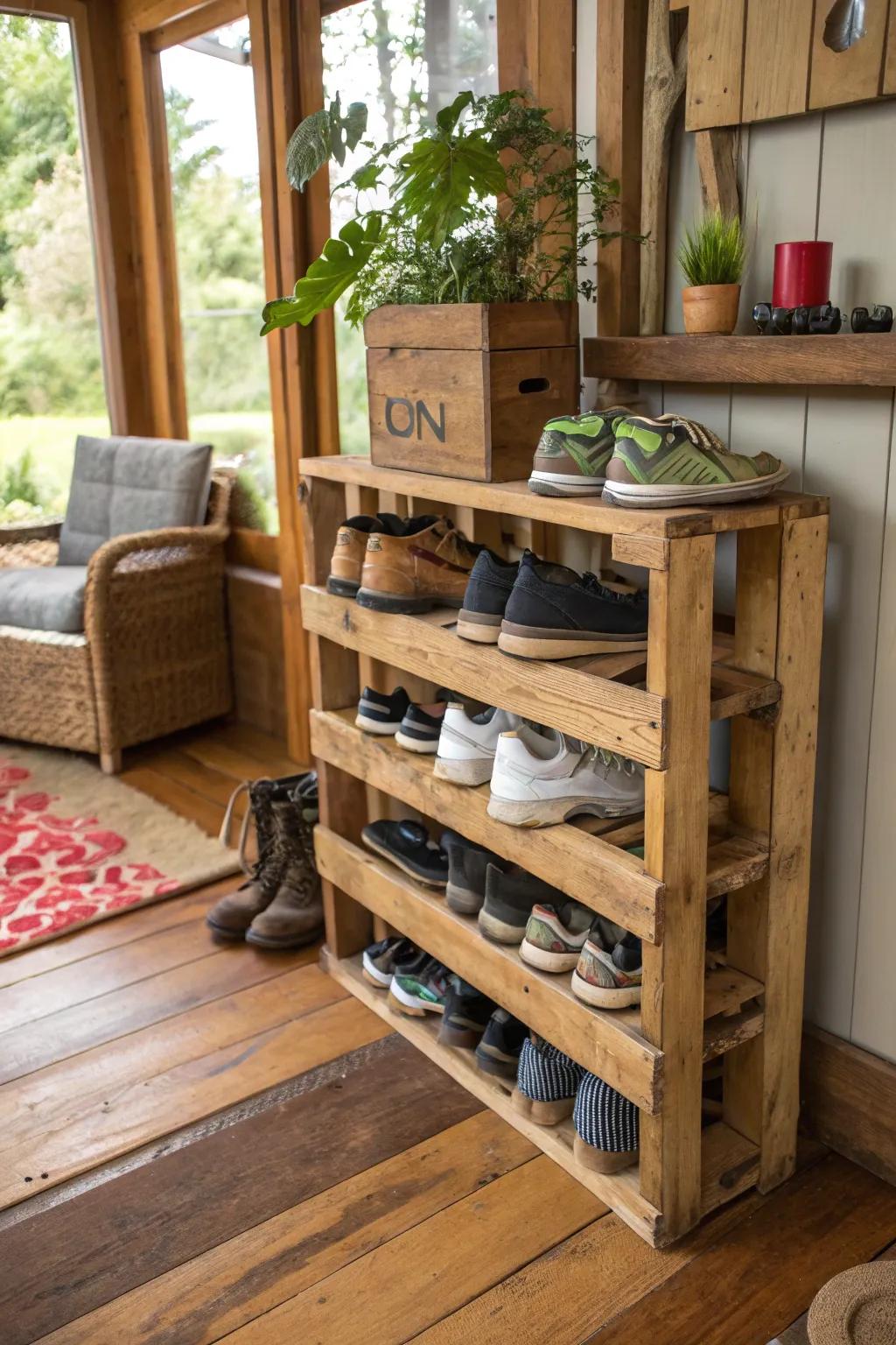 Create a unique shoe storage solution with a DIY pallet rack.