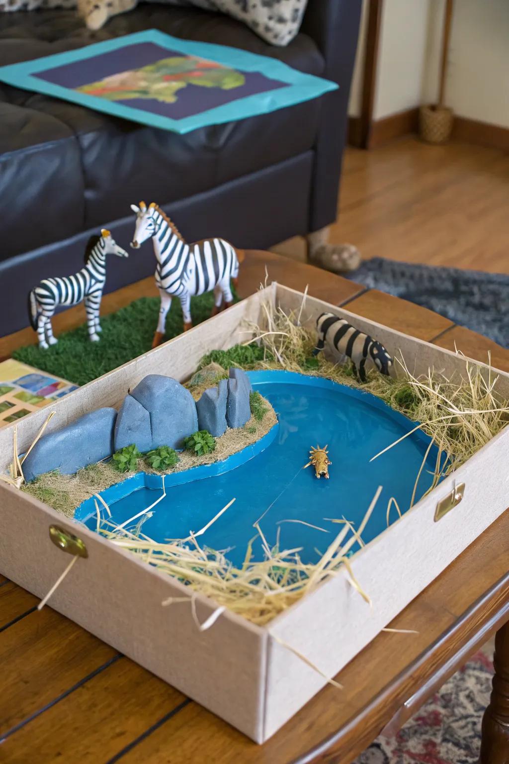 Capture the essence of a savanna waterhole with this detailed shoebox project.