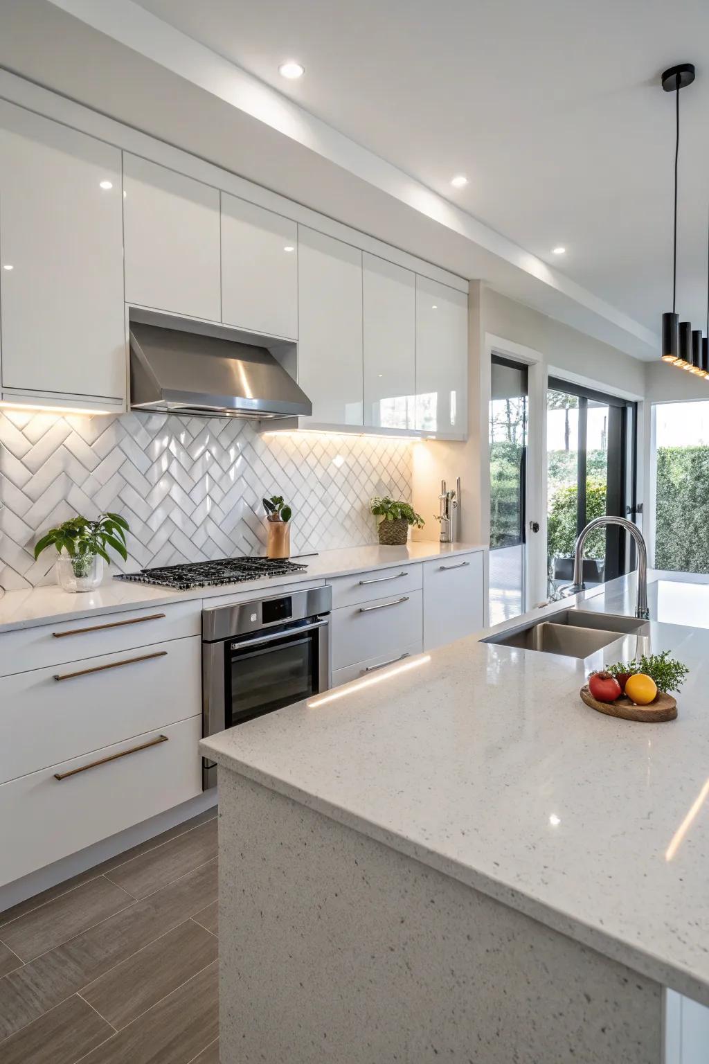 Quartz provides a seamless, durable finish in this modern kitchen setting.