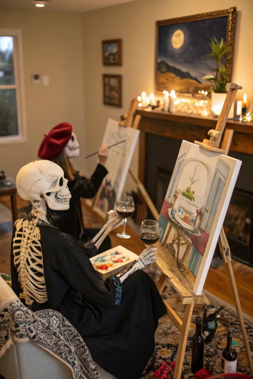 Skeletons Enjoying a Sip & Paint Session