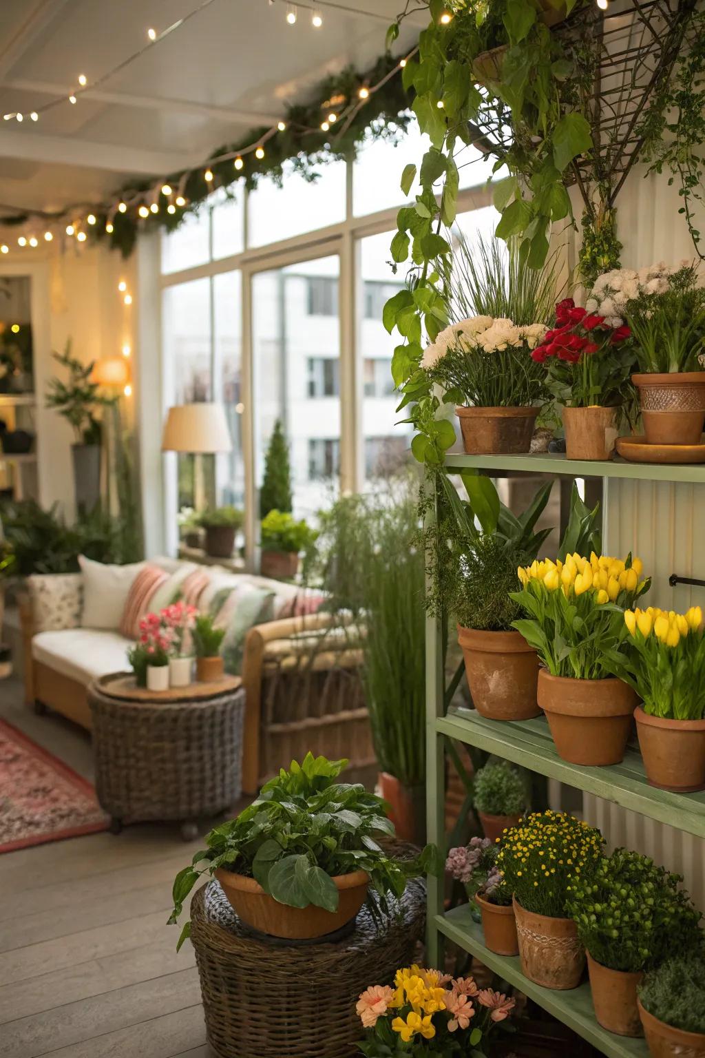 An indoor garden party theme brings nature inside.