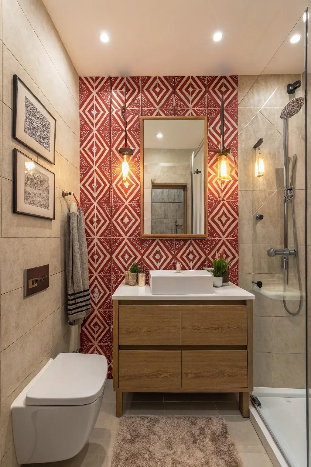 A feature wall adds drama and focus to small bathroom designs.