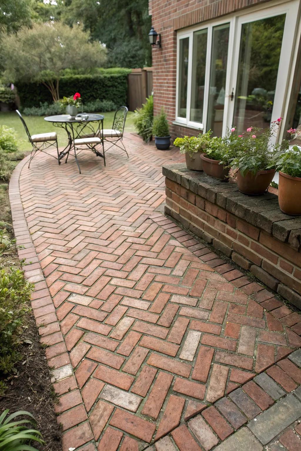 A small brick patio with a herringbone pattern.