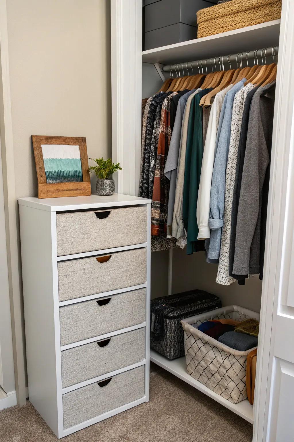 A small dresser can add discreet and functional drawer space.