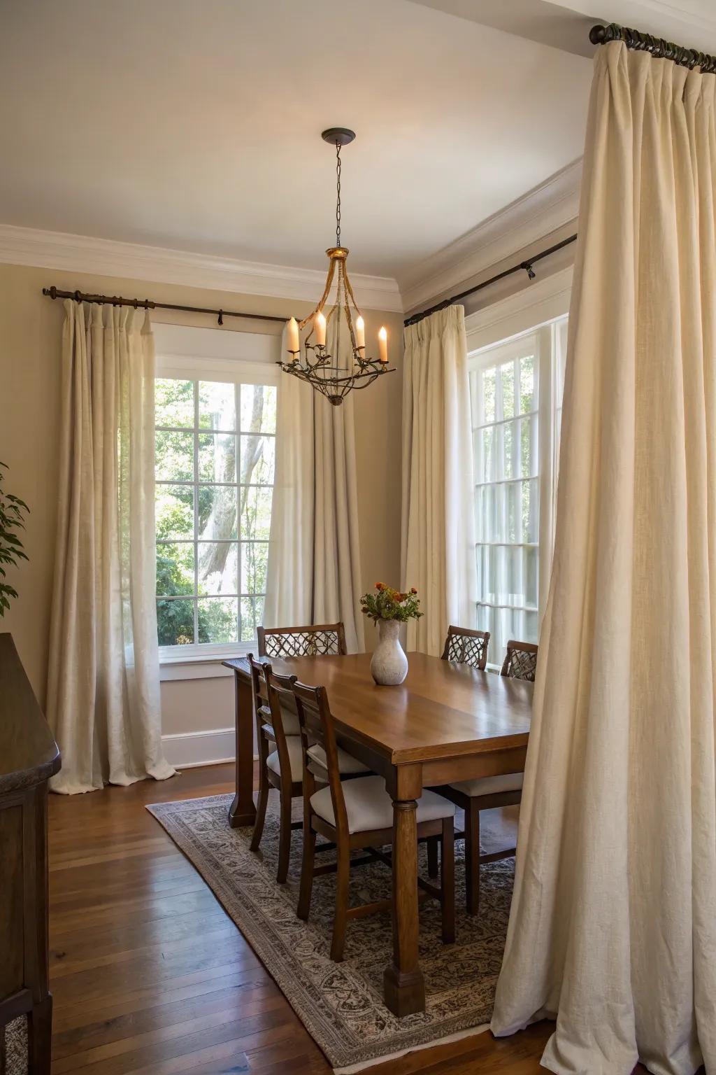 High-hanging curtains make ceilings appear taller.